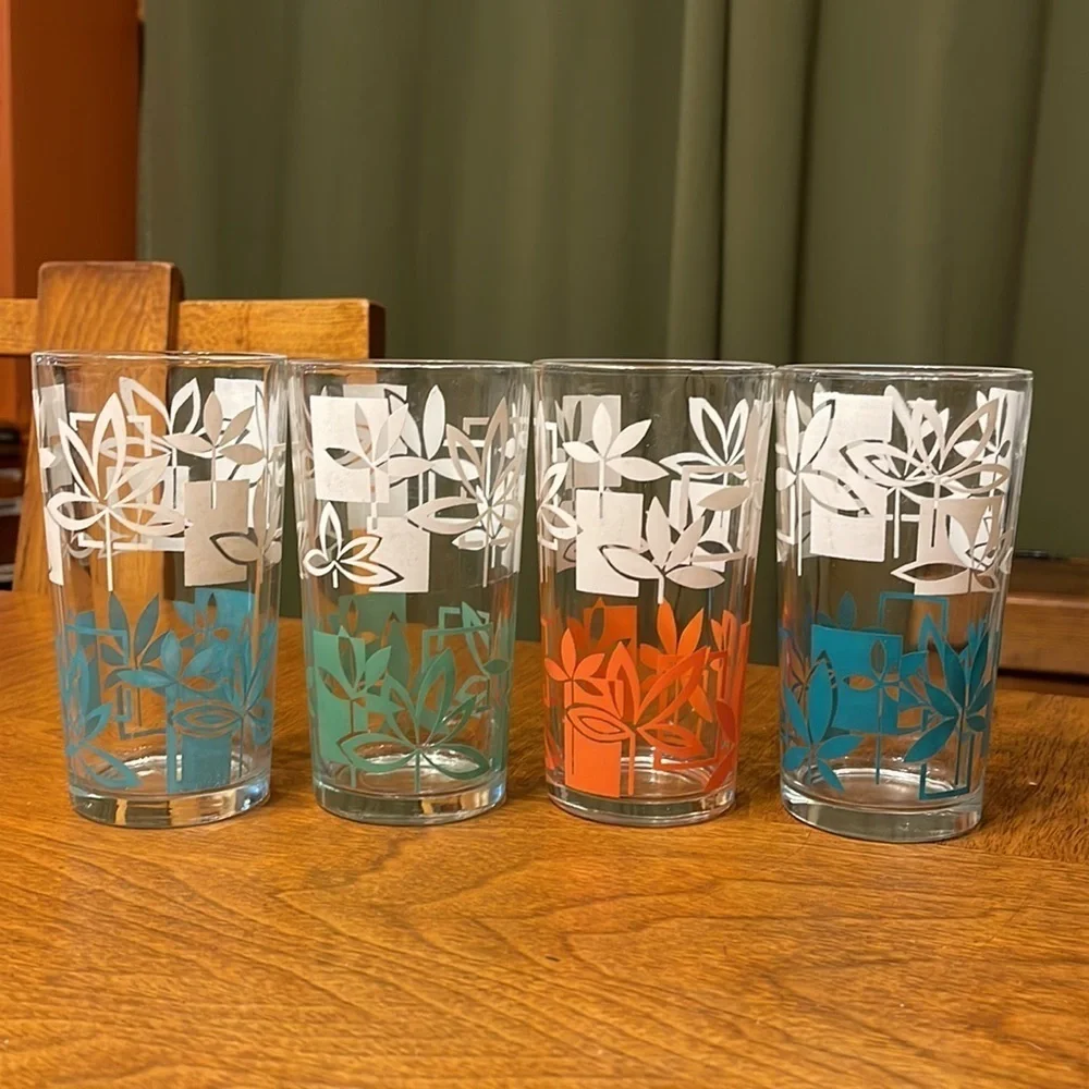 Vintage MCM Highball Tiki Juice Glass Set Peanut Butter Tiki Floral Barware Set